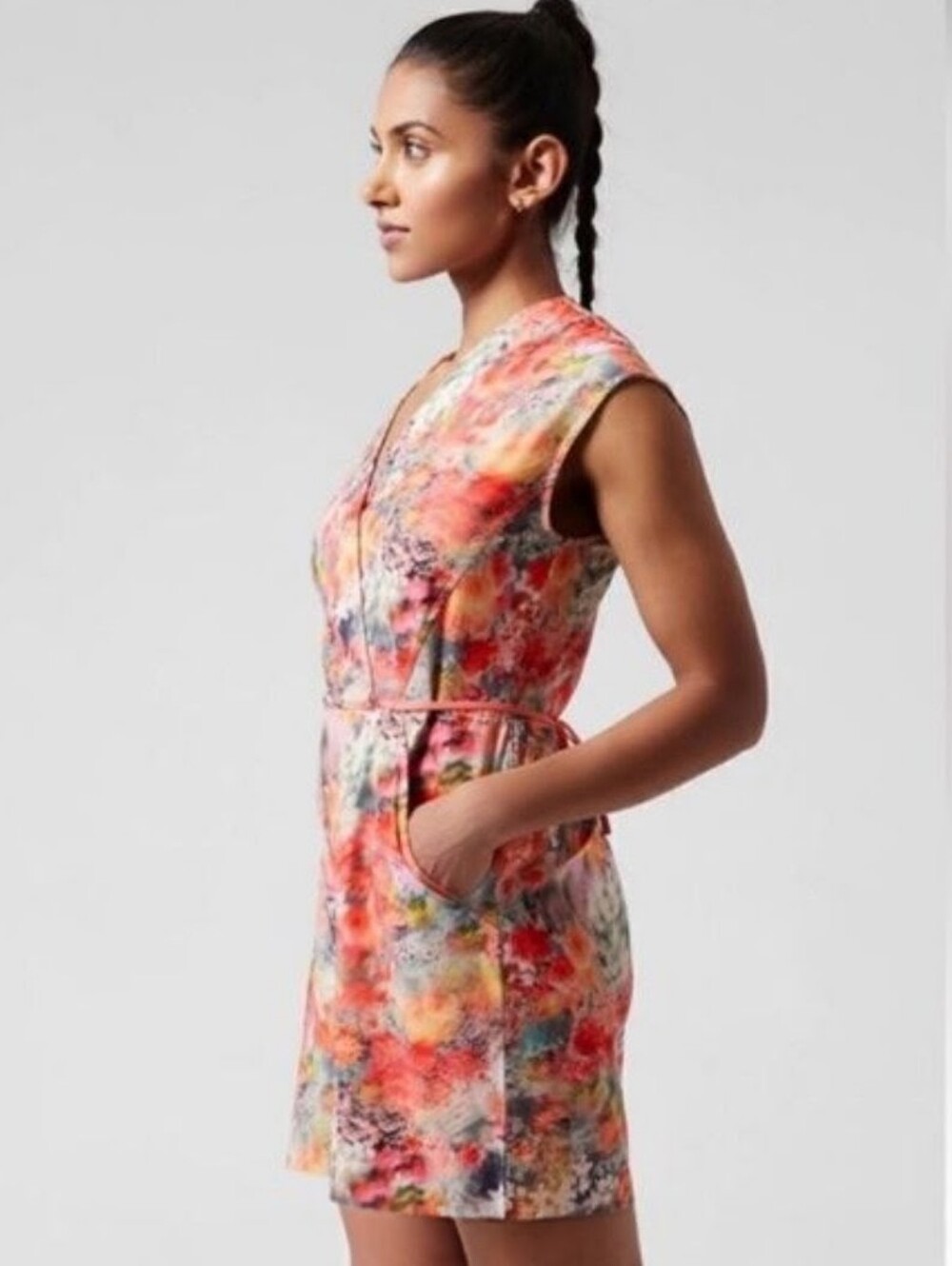 Athleta Marlow Floral Romper Large Tie Waist V Neck Cap Sleeve - Picture 2 of 15